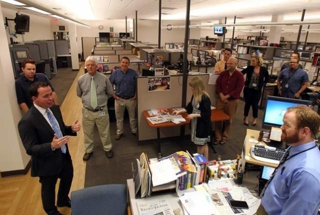 New Las Vegas Review-Journal Publisher Jason Taylor, lower left, introduces himself to Review-Journal reporters and editors at the RJ offices in Las Vegas on Thursday, June 11.
